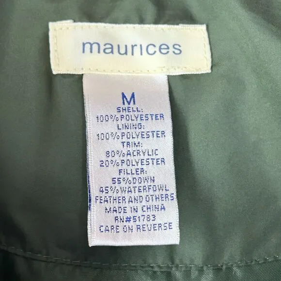 Fun DOWN Puffer VEST Maurices M with Faux Fur on Removable Hood Olive Green - Picture 13 of 13